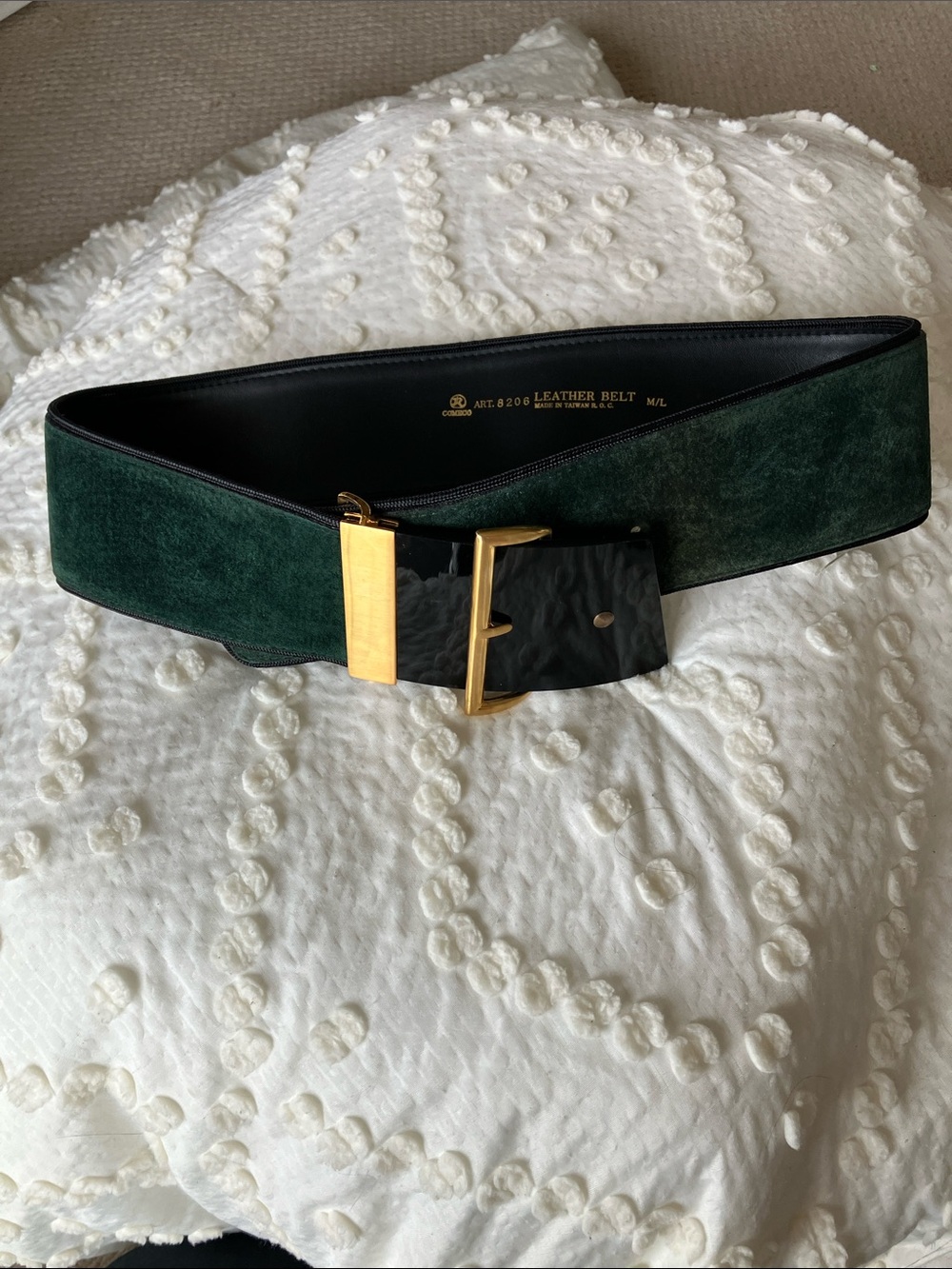 Vintage Comeco Wide Dark Green Suede Belt with Gold Buckle
